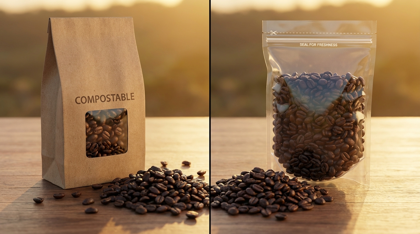 Side-by-side comparison of a compostable coffee bag and a traditional plastic bag showing comparative shelf life degradation over time