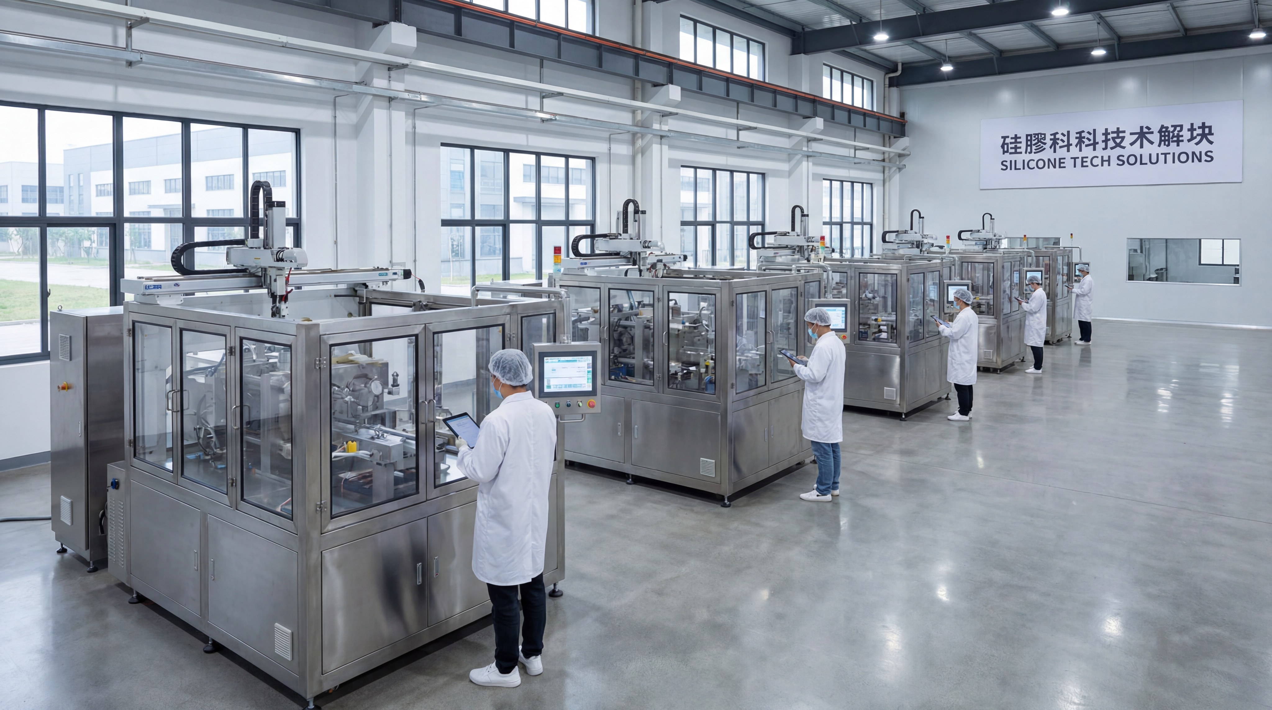 A wide shot of a modern, clean silicone manufacturing facility in China, featuring rows of automated injection molding machines and technicians in white lab coats monitoring digital control panels.