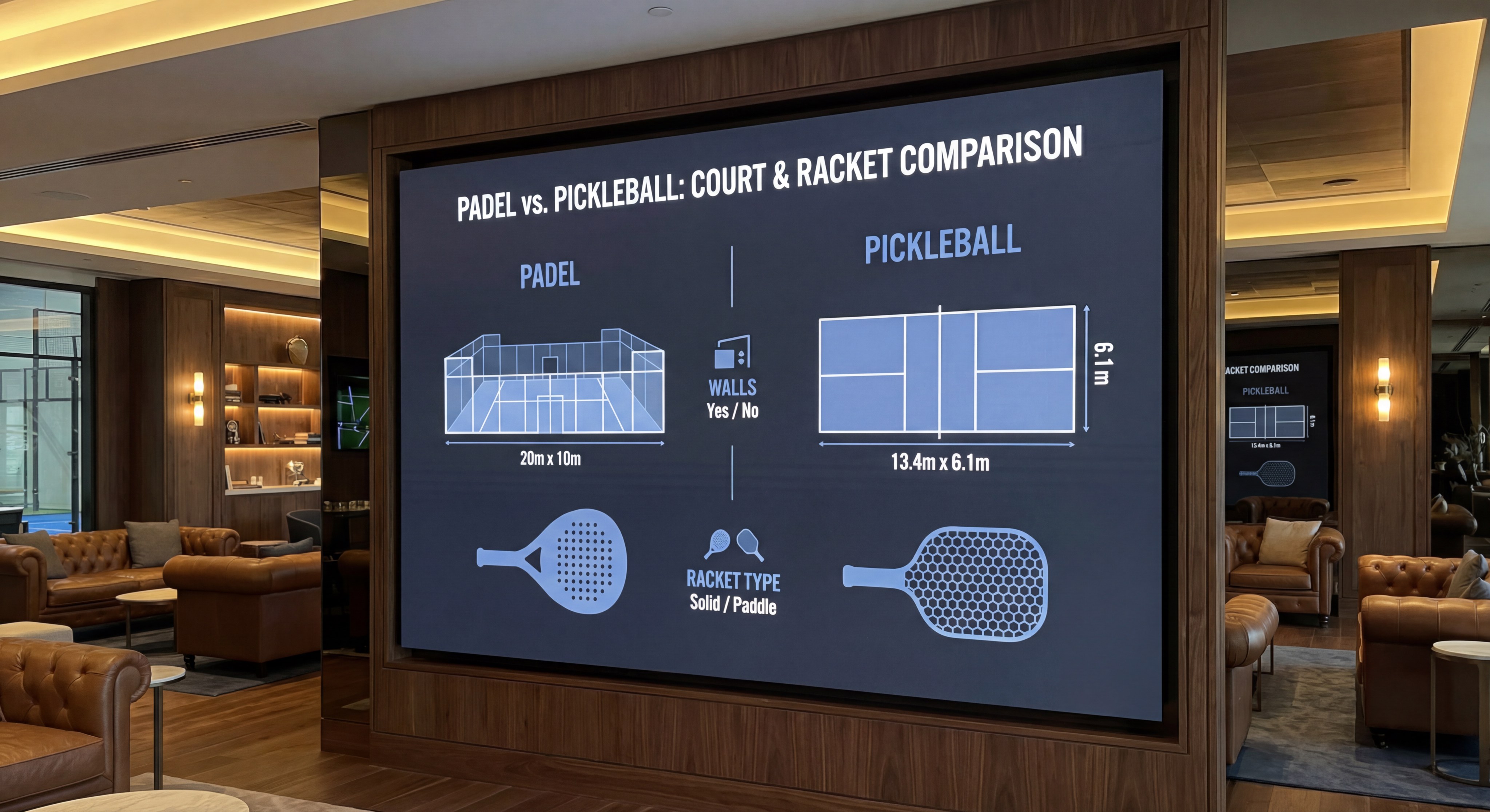 A photorealistic comparison chart infographic displayed on a sleek digital screen at a sports club, detailing the technical specs of Padel vs. Pickleball.