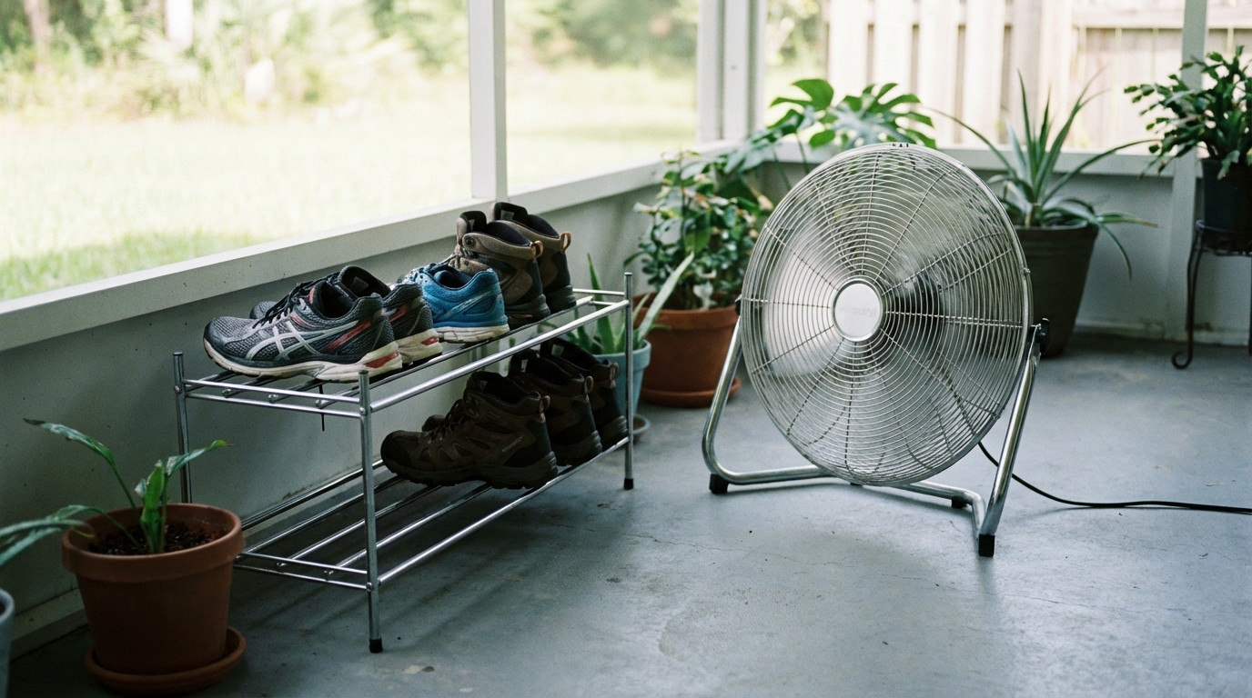 Shoes placed on a drying rack with a fan nearby in a well-ventilated room