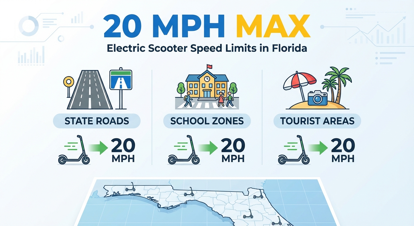 Infographic showing Florida electric scooter speed limits of 20 mph
