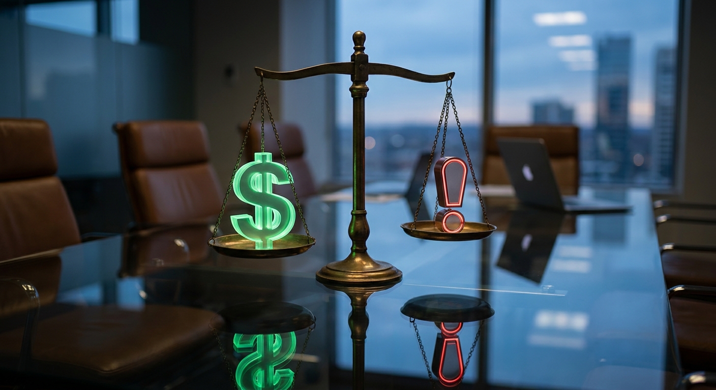 A conceptual clean photo of a scale balancing on a glass desk in a corporate office balancing a glowing green dollar sign against an exclamation mark