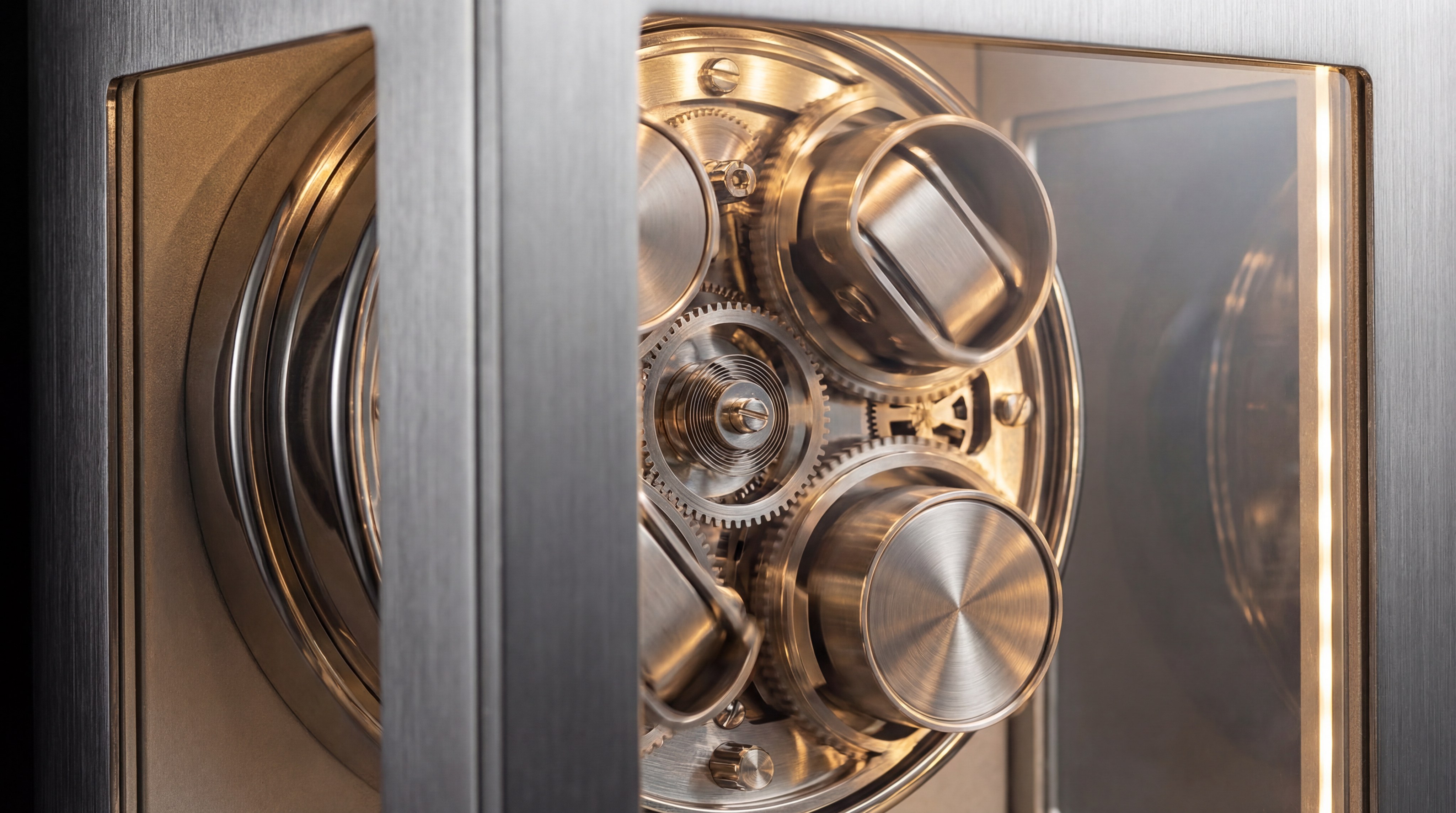 Detailed view of the internal mechanical rotors and gears in a winder safe
