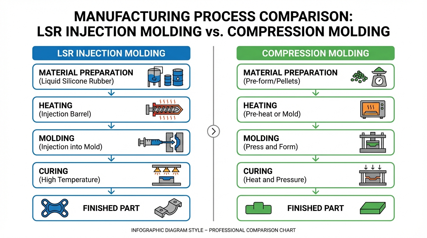 A clear flowchart comparing the LSR Injection Molding process vs. the Compression Molding process, highlighting steps like material mixing, heating, and curing.