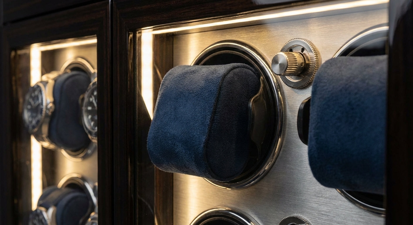 An open safe showing winder slots and internal storage drawers