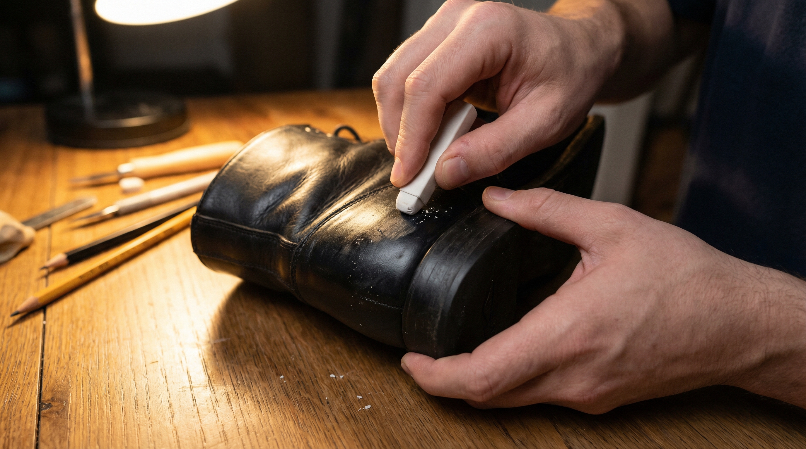 Human hands using a white pencil eraser to gently buff a scuff mark off the heel of a black leather boot Human hands using a white pencil eraser to gently buff a scuff mark off the heel of a black leather boot