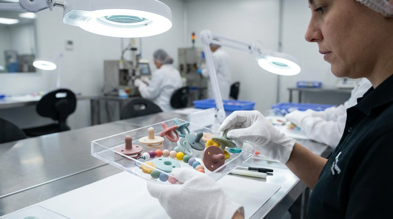 A tray of high-quality silicone prototype samples (pacifiers and beads) being inspected in a bright, clean factory environment.