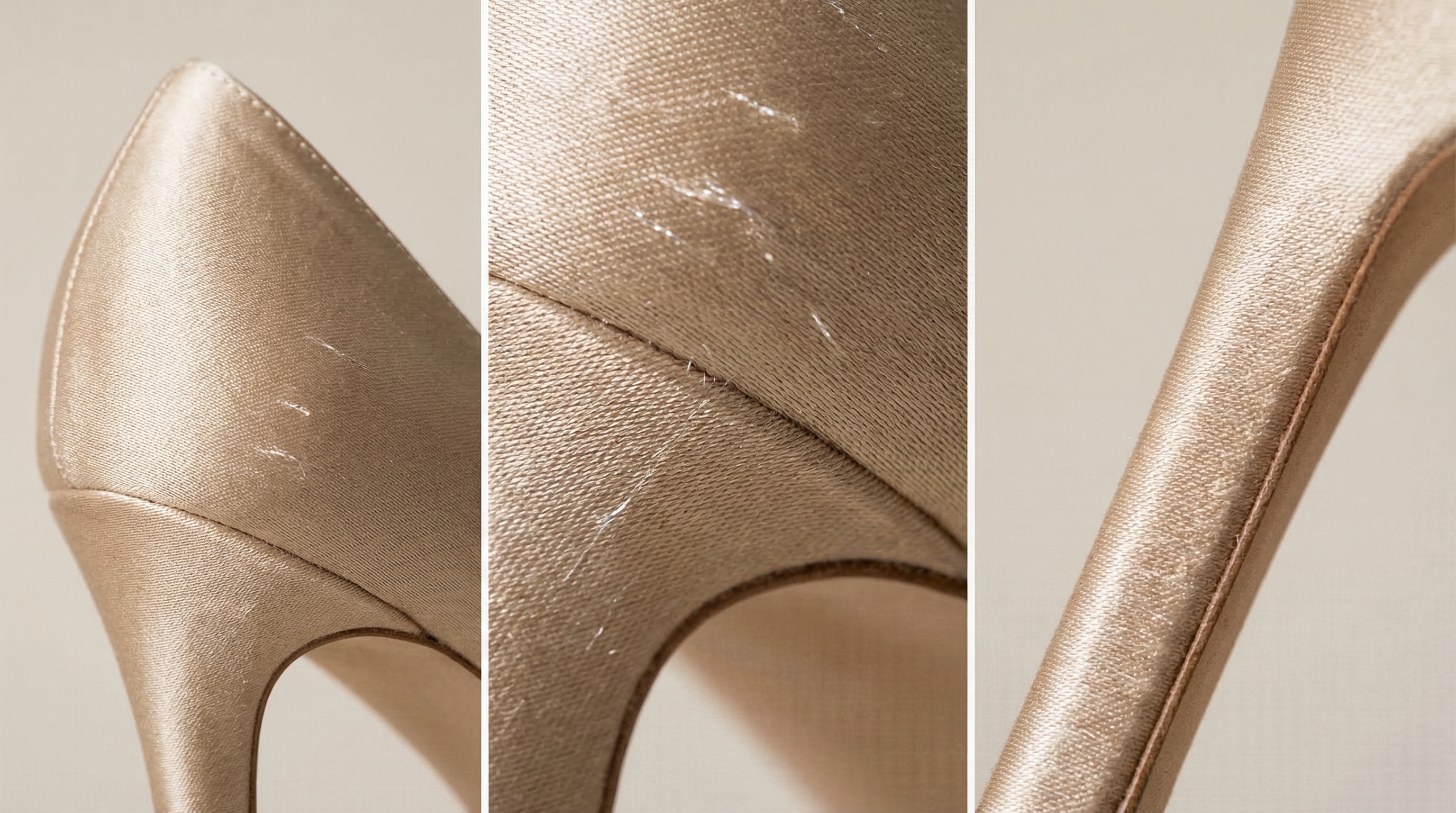 Champagne silk satin pump showing fabric texture and minor scuffs