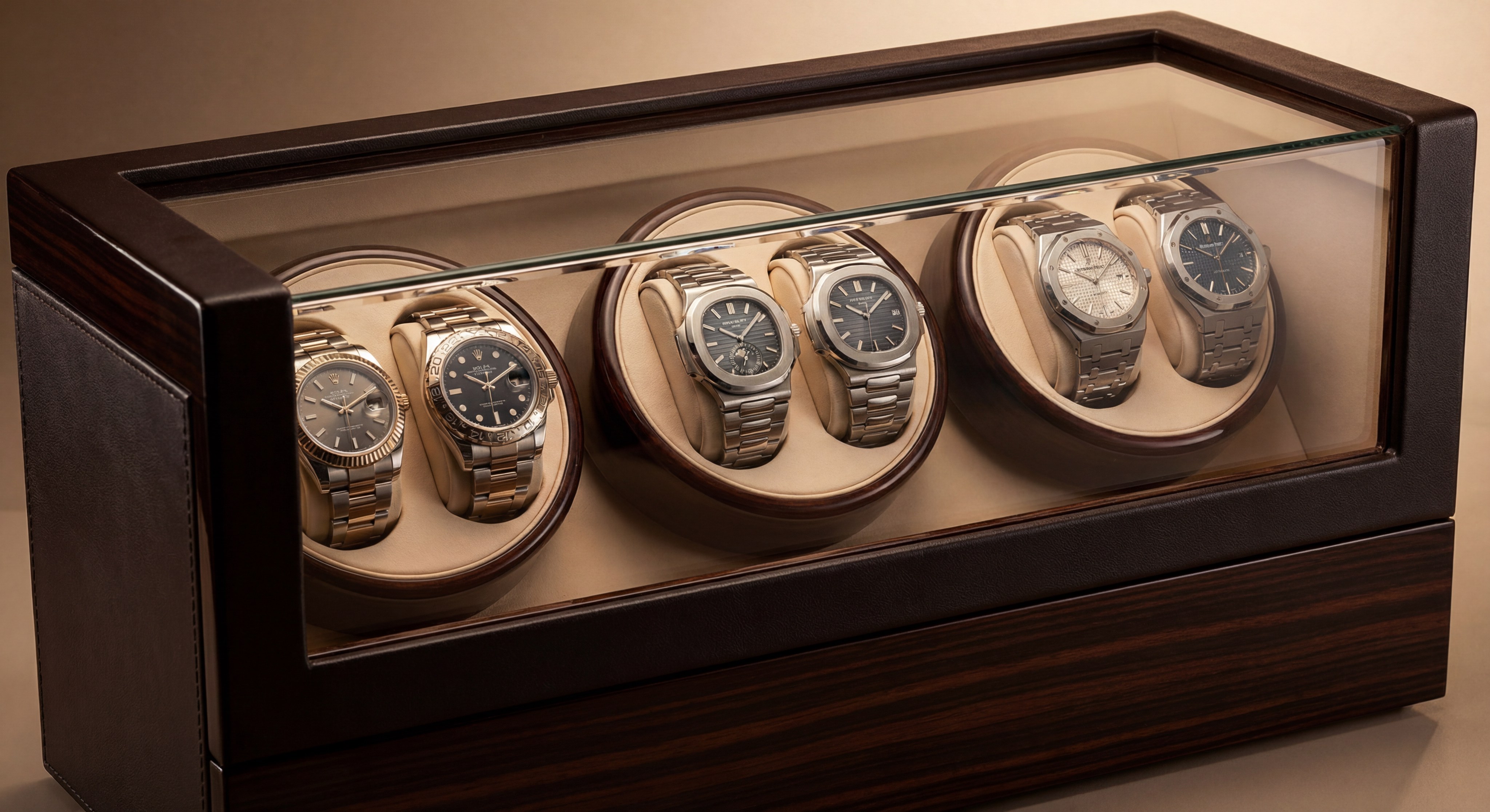 A luxury watch winder for 6 watches on an executive desk