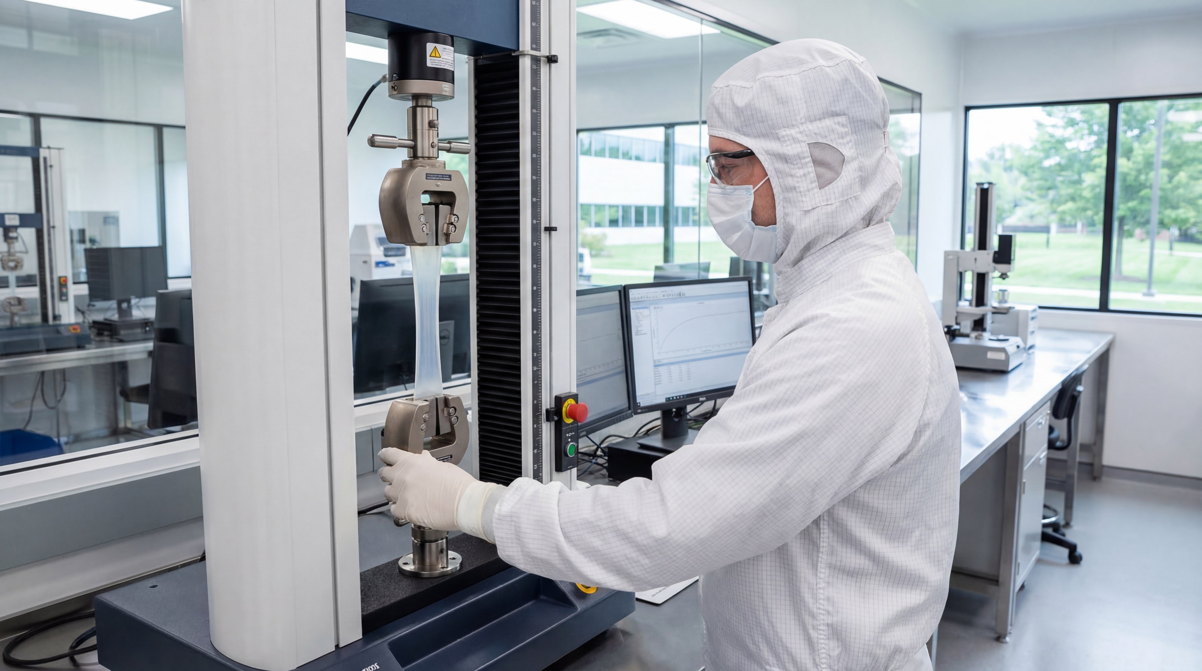 A quality control technician in a cleanroom using a tensile testing machine to perform a stretch test on a translucent silicone part