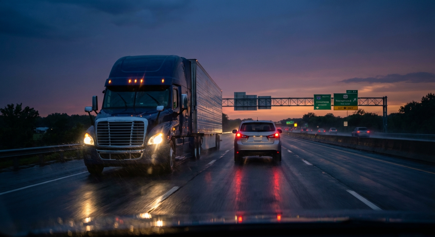 Class 8 truck on a multi-lane highway at dusk maintaining a clear gap