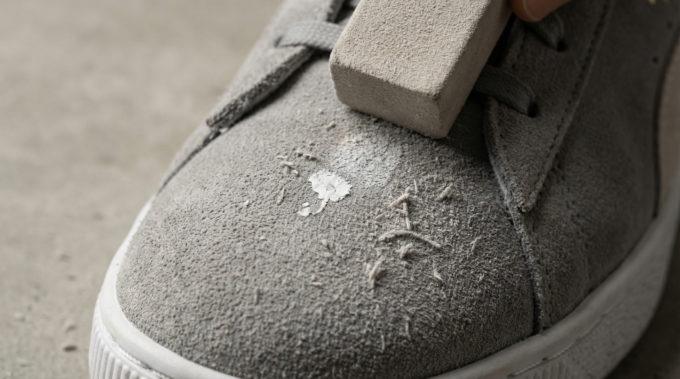 Photography Style gray suede sneaker with a small hardened paint stain dedicated suede eraser shown mid stroke with small crumbs lifting away from the nap
