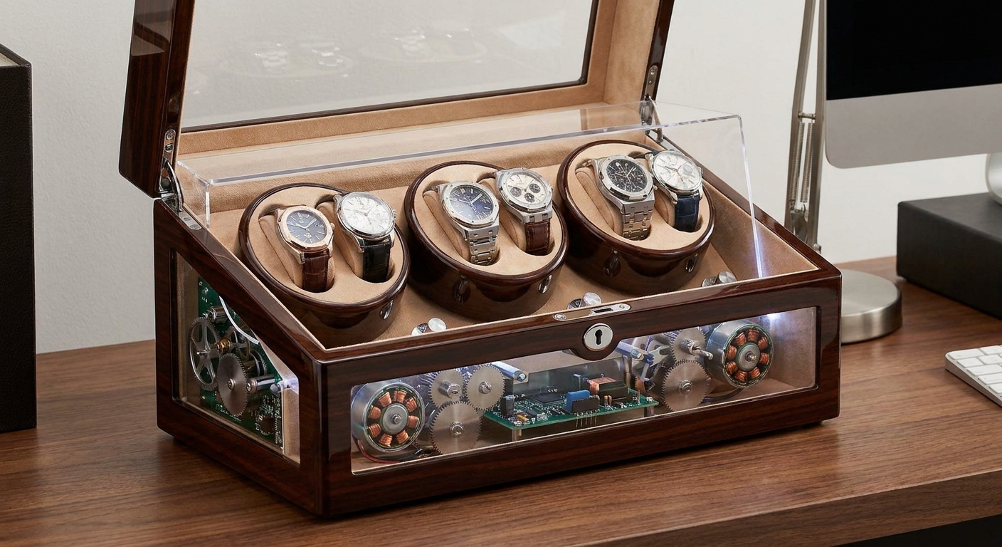 High-tech silent motor assembly within a 6 watch winder box