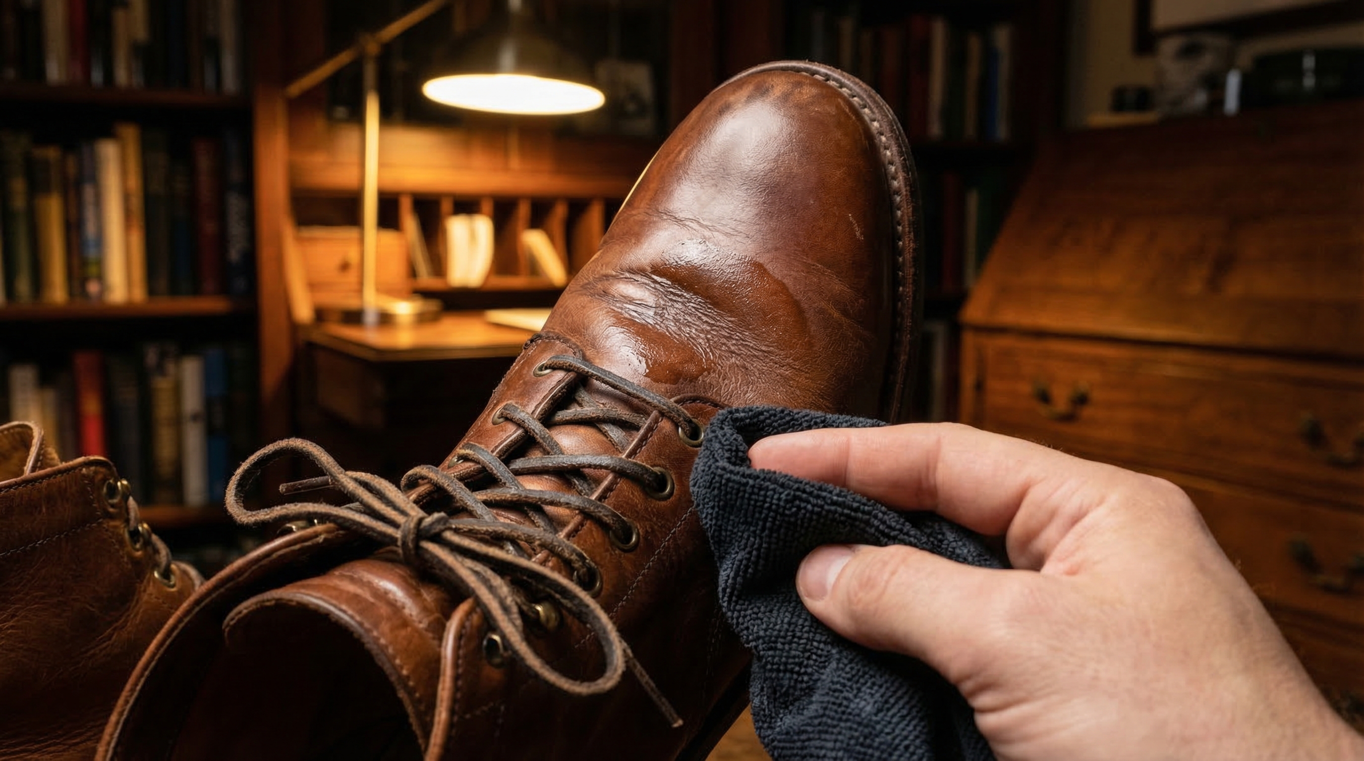 A hand applying leather conditioner with a microfiber cloth to the flex points of a brown leather boot.