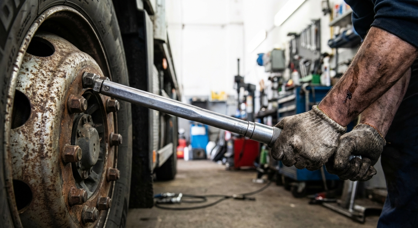 Mechanic’s grease-stained hands using a torque wrench on a heavy-duty truck wheel assembly
