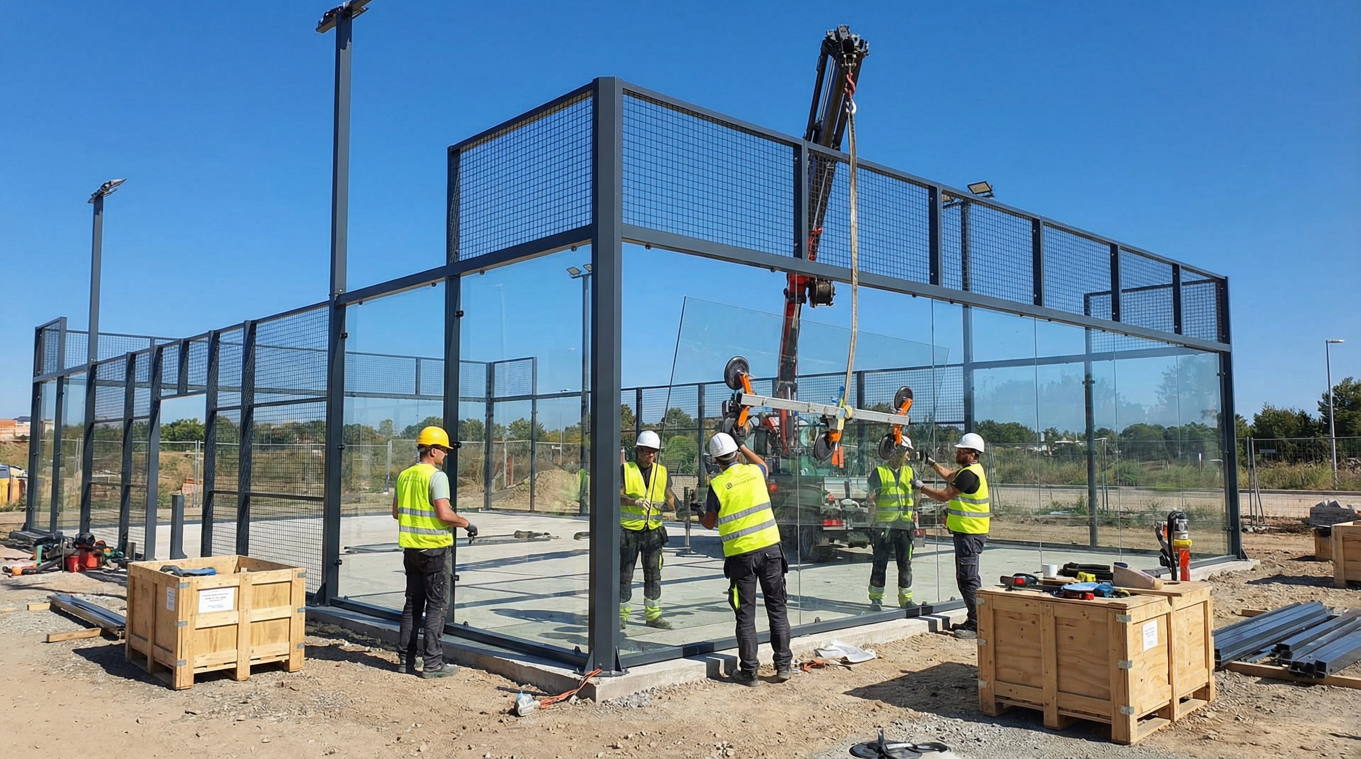 padel court construction glass installation
