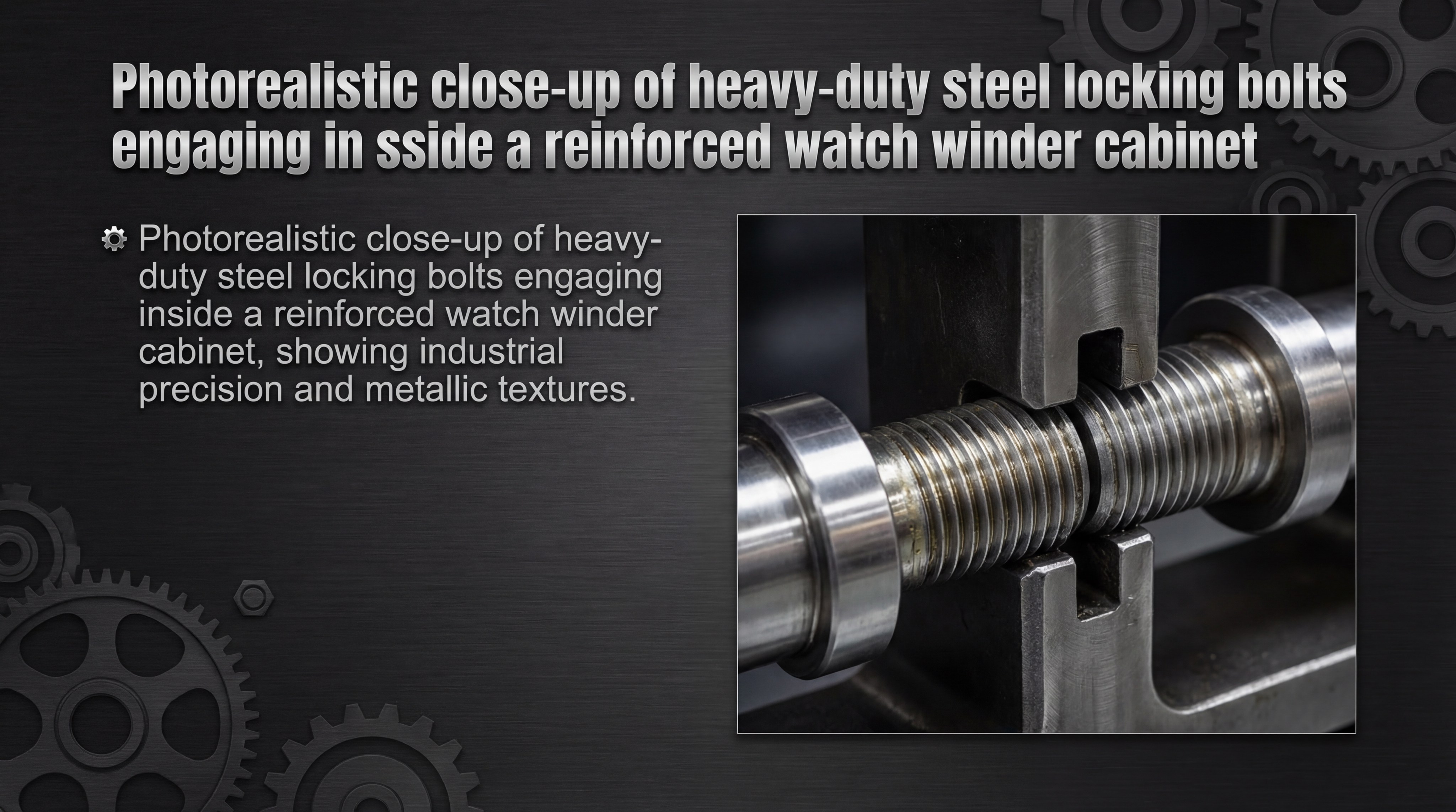 Photorealistic close-up of heavy-duty steel locking bolts engaging inside a reinforced watch winder cabinet, showing industrial precision