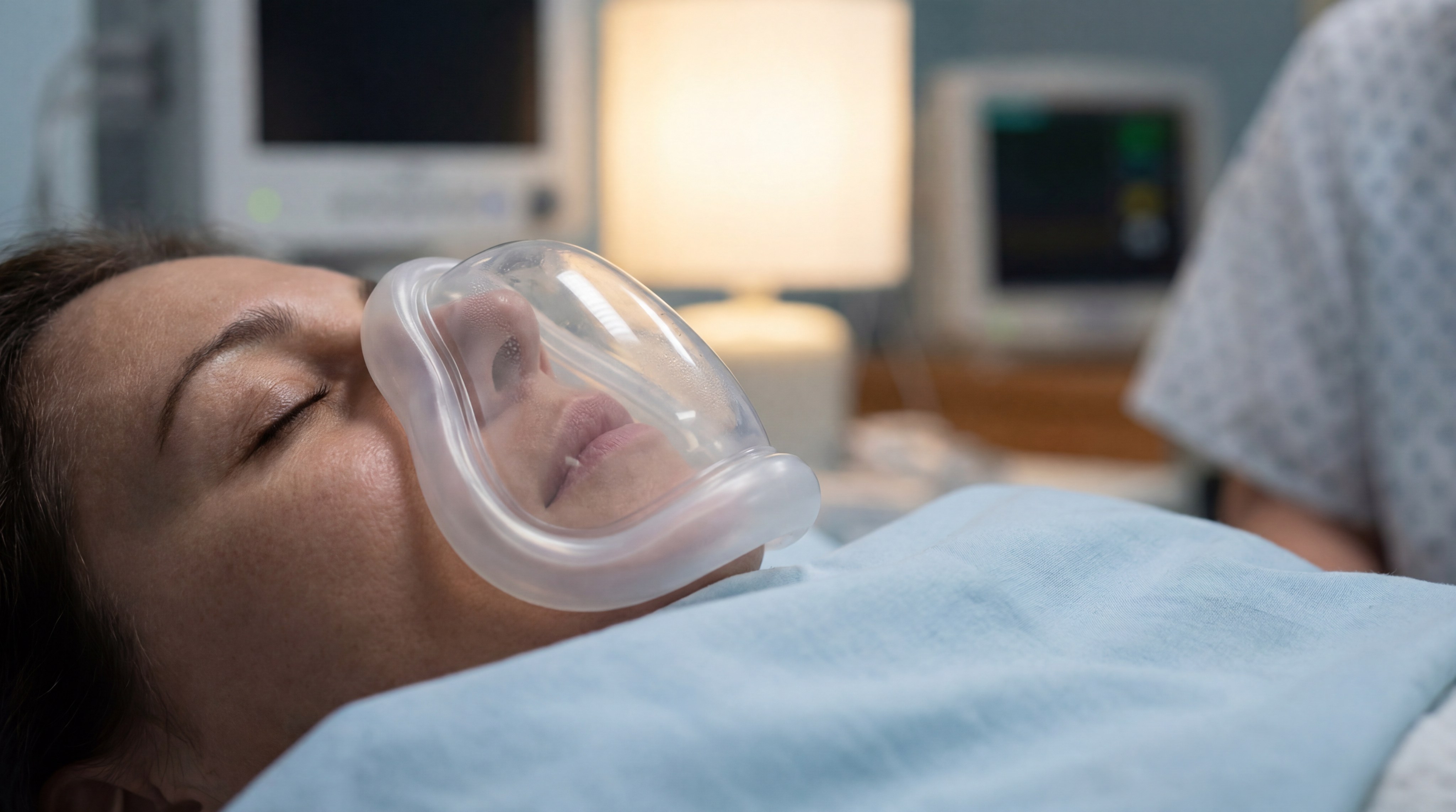 Alt Text: A macro close-up of a translucent, medical-grade silicone respiratory mask resting softly on a patient's face