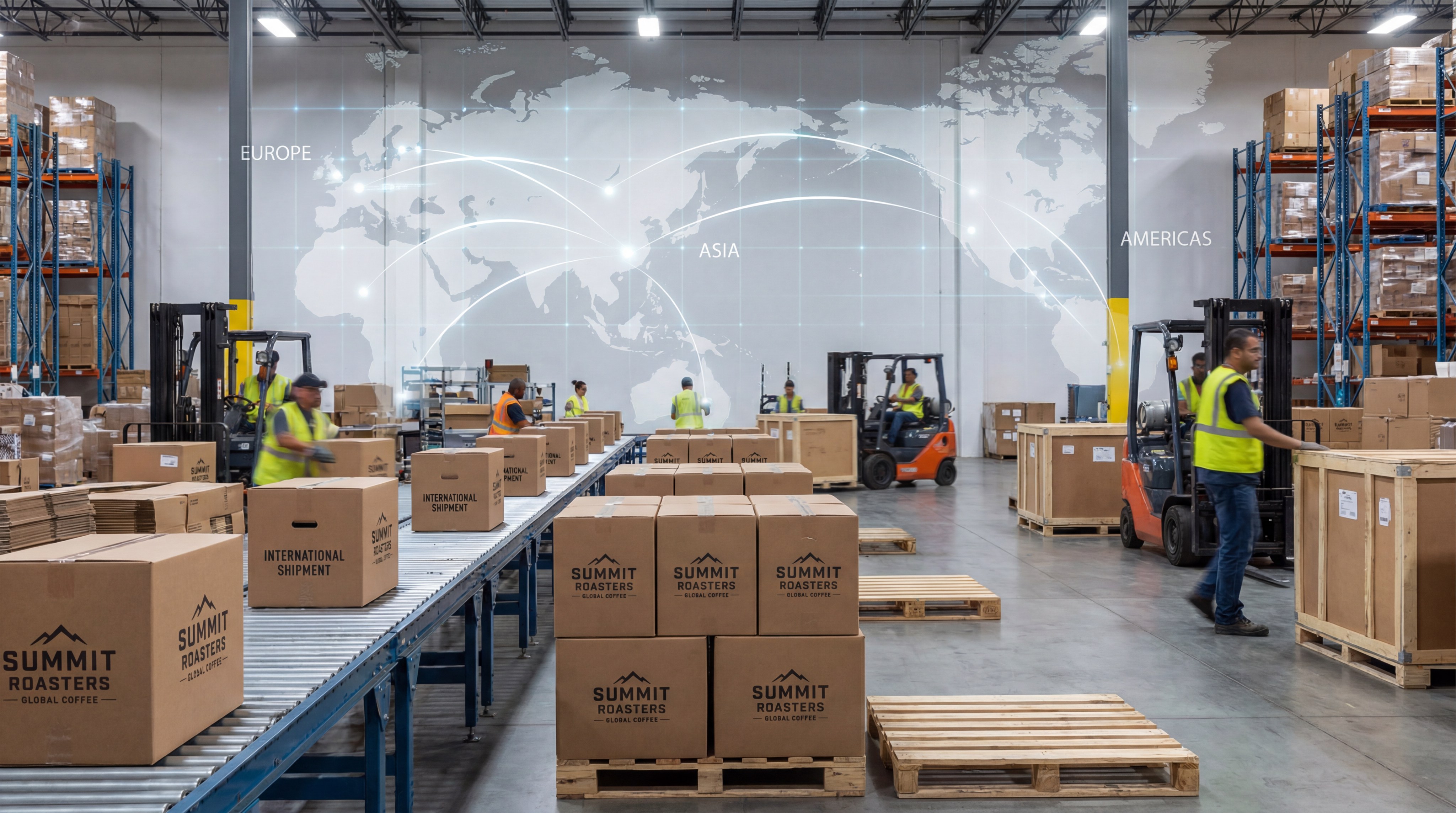A global coffee logistics visualization showing a warehouse with shipping boxes and a world map with connection lines. Photorealism style.