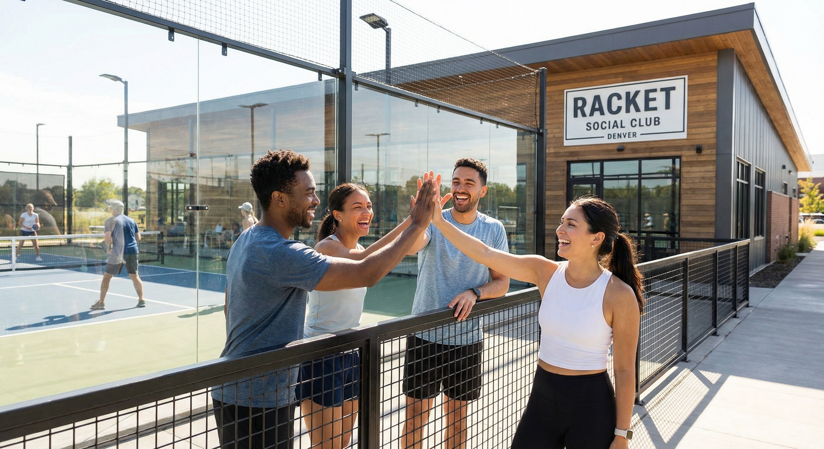 group of diverse players laughing and high-fiving at the Racket Social Club