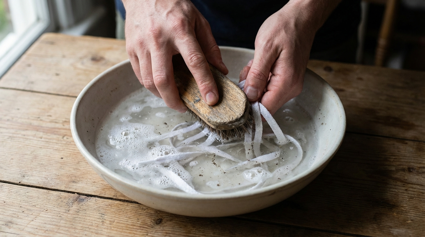 Close up of shoelaces being scrubbed in a bowl of soapy water