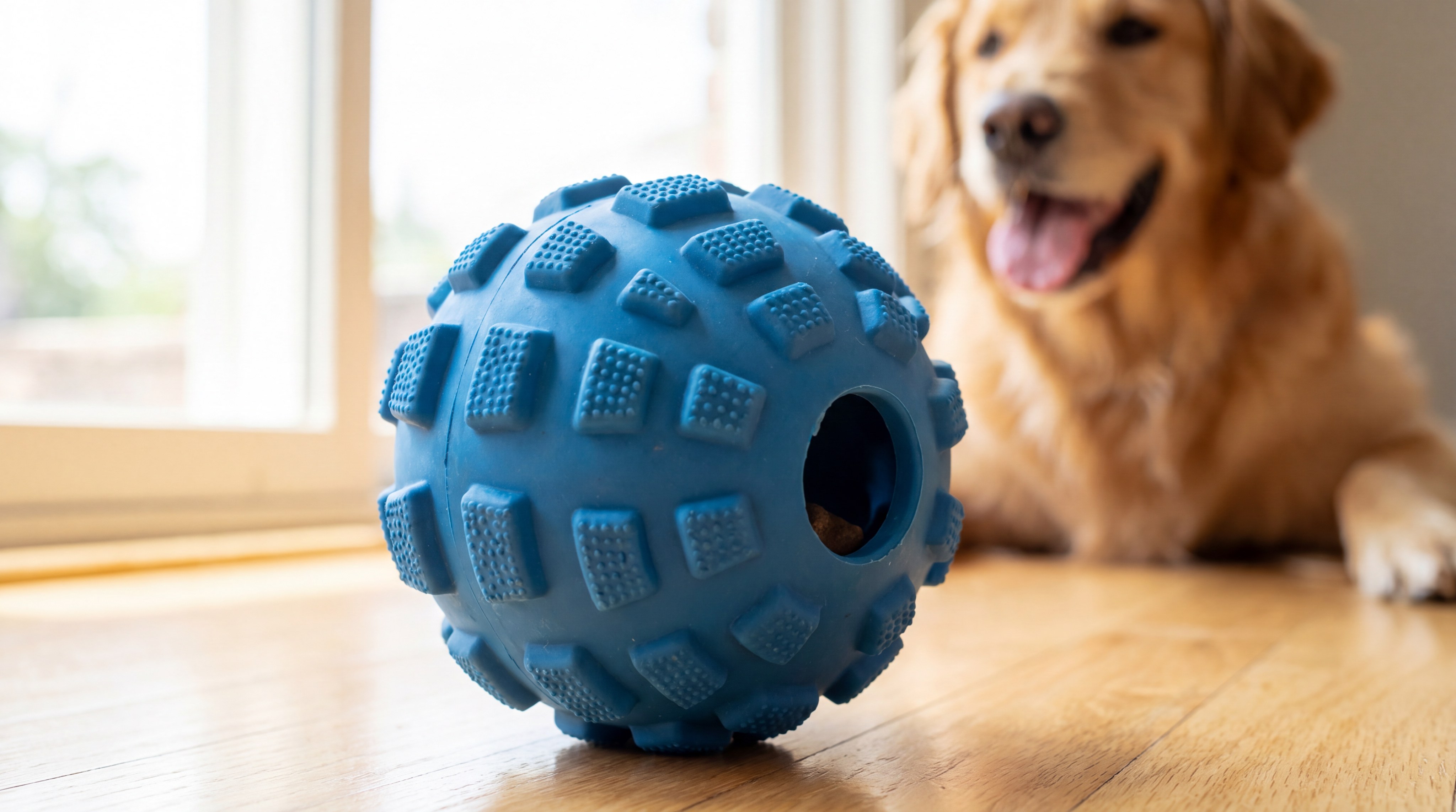 A durable blue silicone dog treat ball resting on a wooden floor with a blurred happy dog in the background