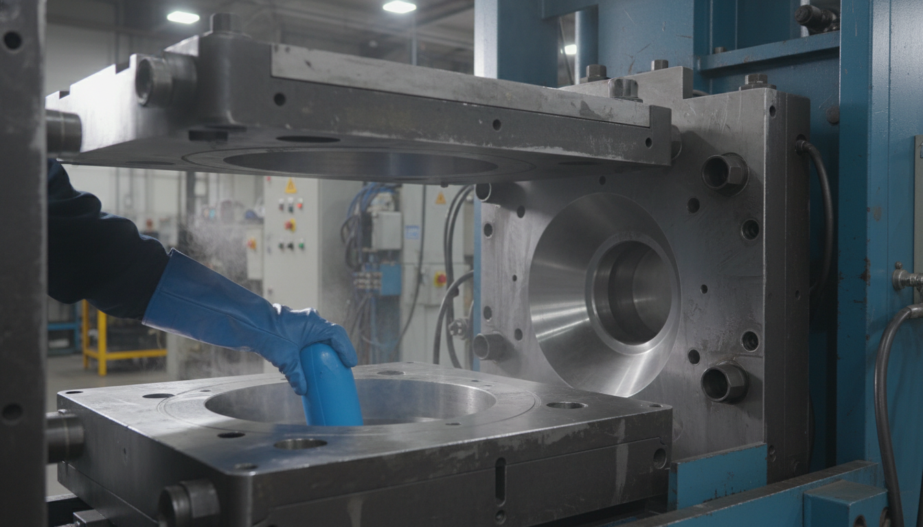 An open industrial compression mold with a blue silicone pre-form being placed by a gloved hand