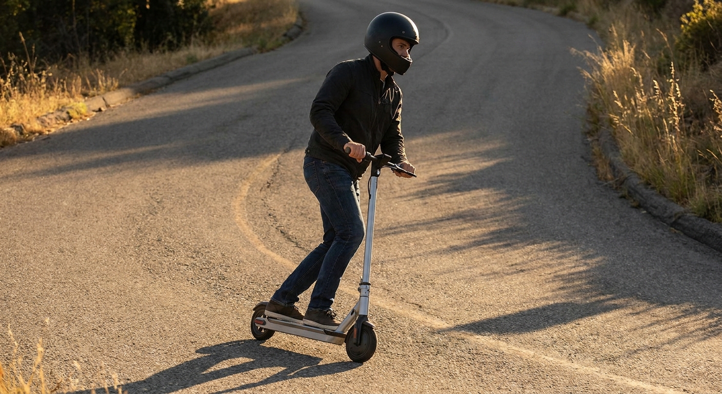 Experienced rider stably navigating an asphalt incline on an electric scooter