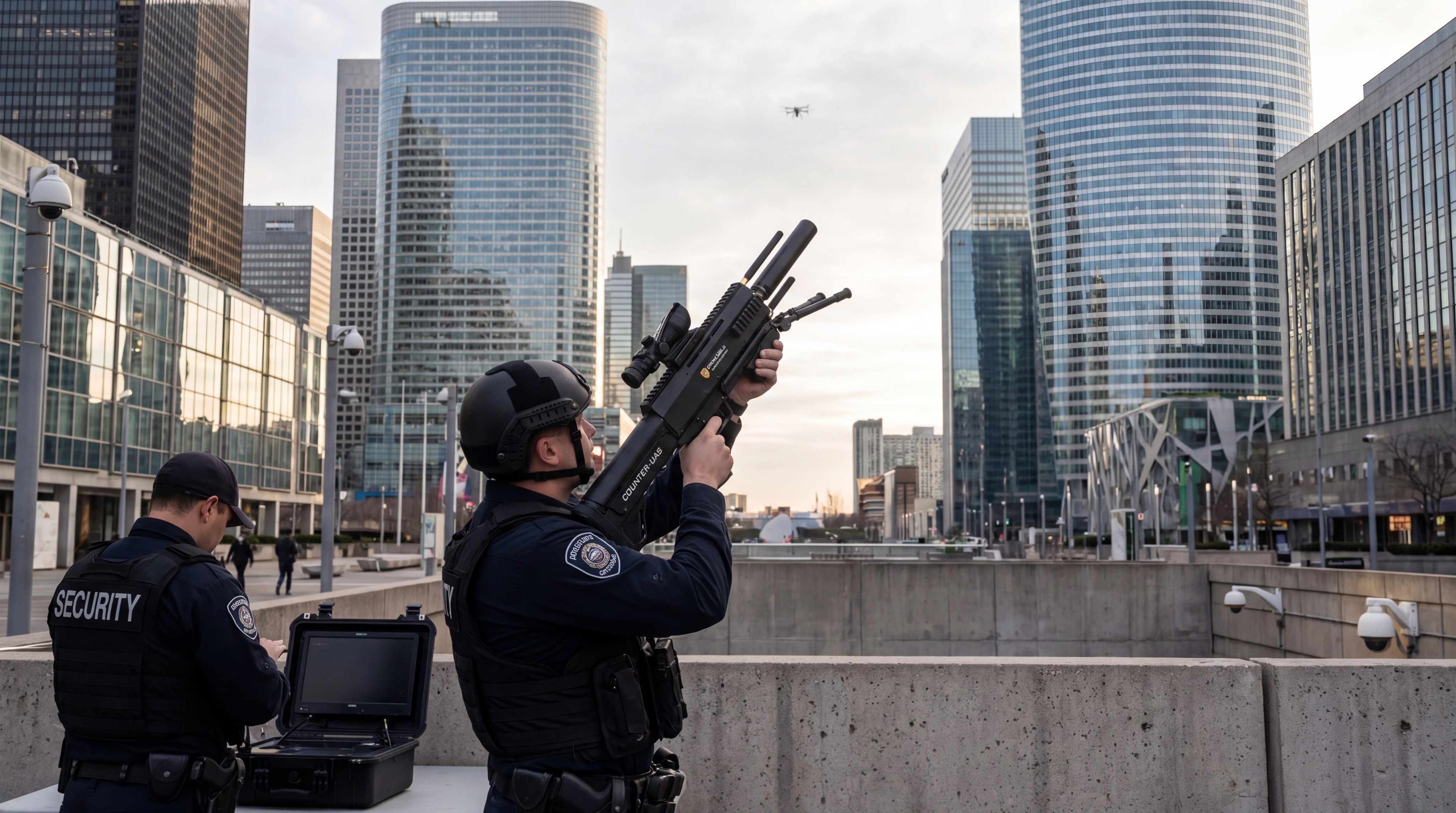 High-tech anti-drone jammer being used by security personnel in a modern city