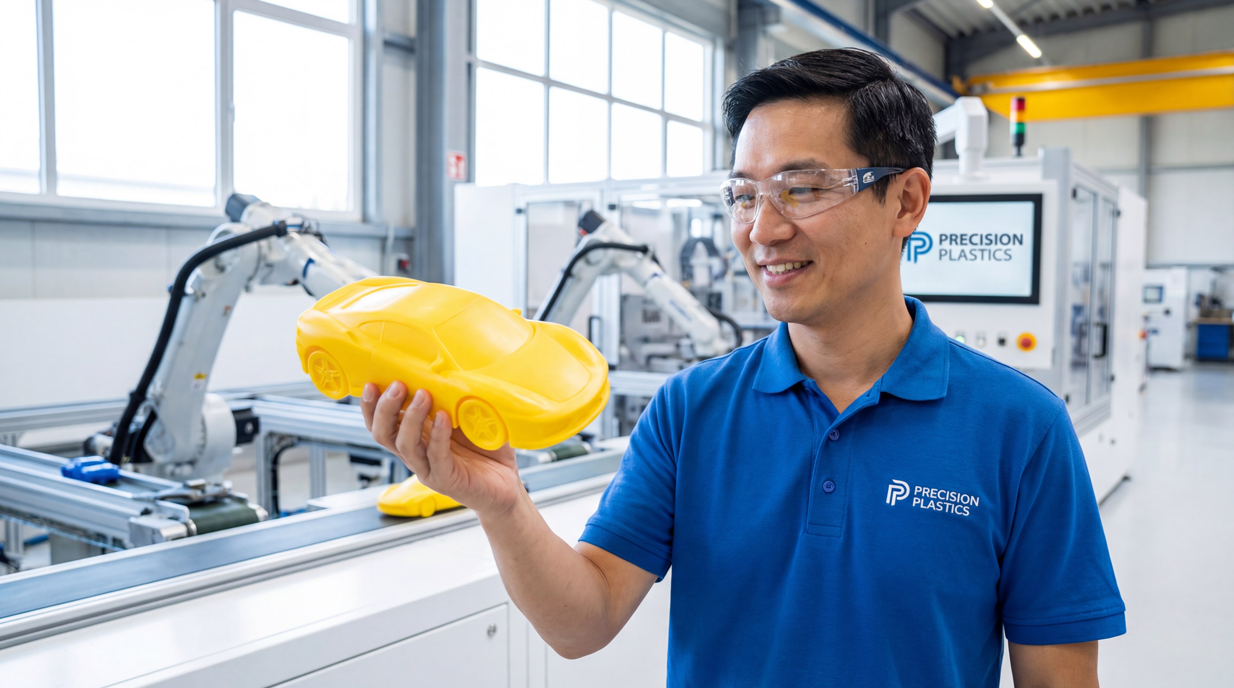 A friendly Asian engineer holding a bright red plastic toy car in our clean factory.