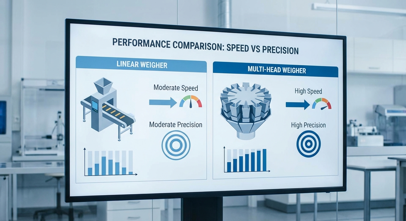 Photorealistic chart showing a bar graph comparing the ROI of linear vs multi-head weighers over a 36-month period for coffee roasters.