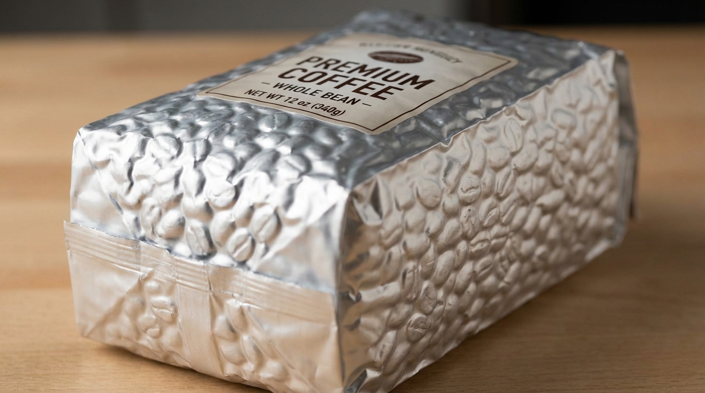 Close-up of vacuum packed coffee beans in a high-barrier foil bag for peak freshness.