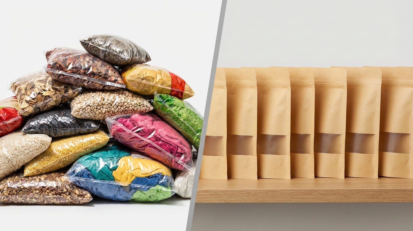 Side-by-side comparison of a traditional slumped pillow bag and a crisp, upright flat bottom box pouch.