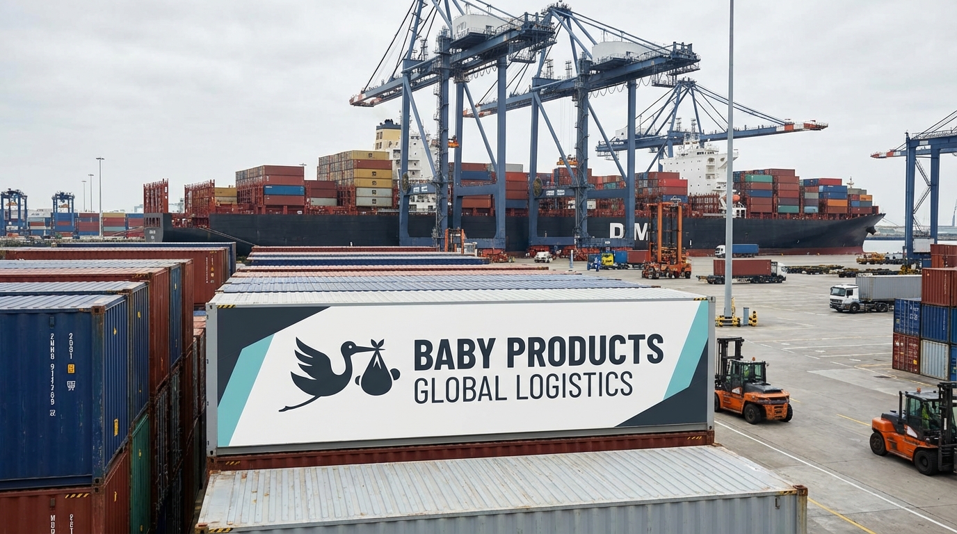 A large, organized shipping bay at a factory with palletized boxes ready for international export, with a cargo ship in the distant background.