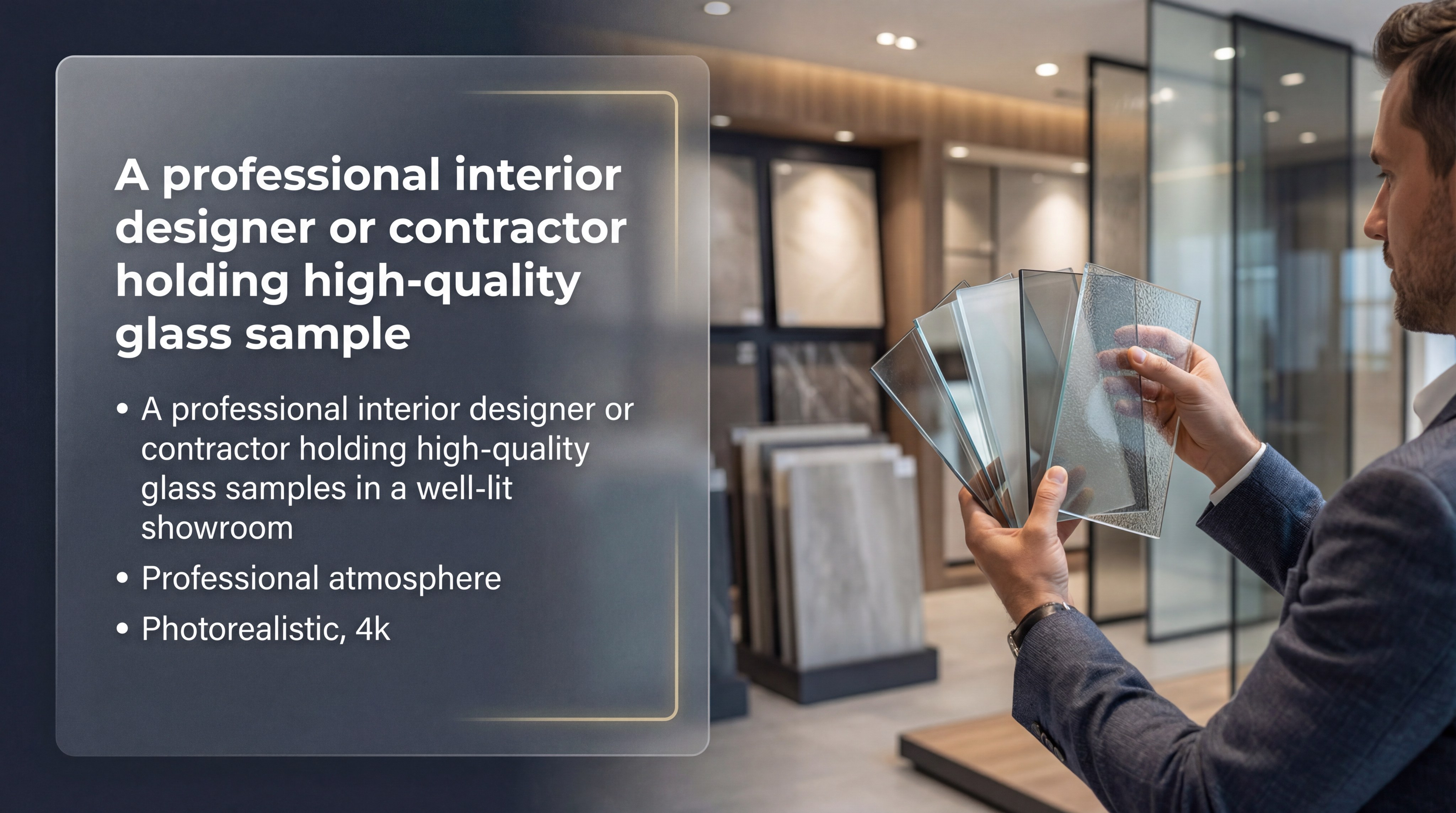 A professional interior designer or contractor holding high-quality glass samples in a well-lit showroom
