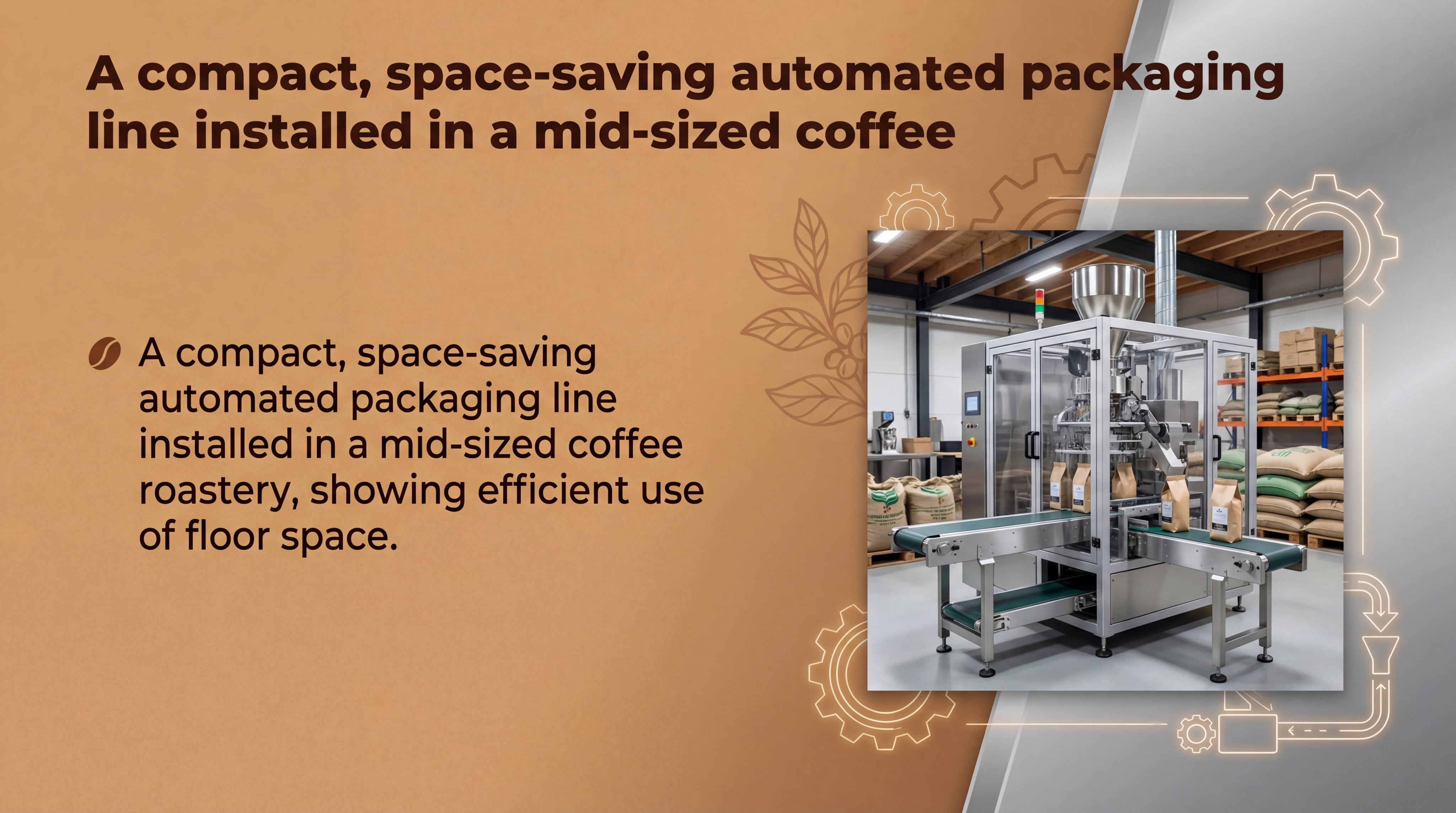 A compact, space-saving automated packaging line installed in a mid-sized coffee roastery