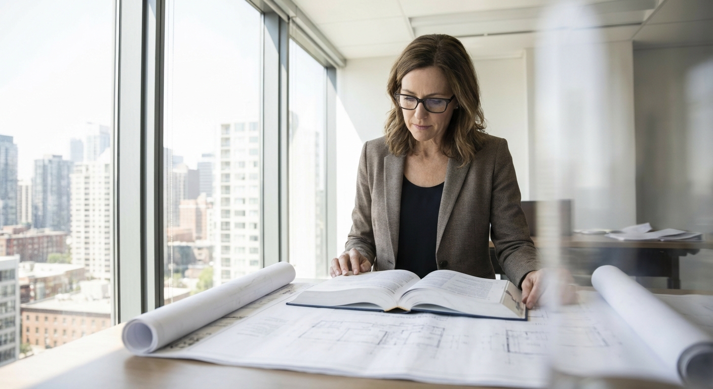 Architect reviewing blueprints in a modern office