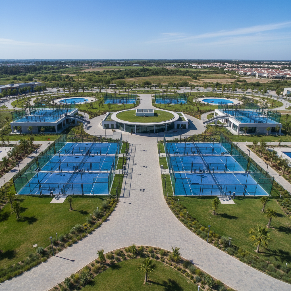 An overhead view of a large sports complex with multiple padel courts