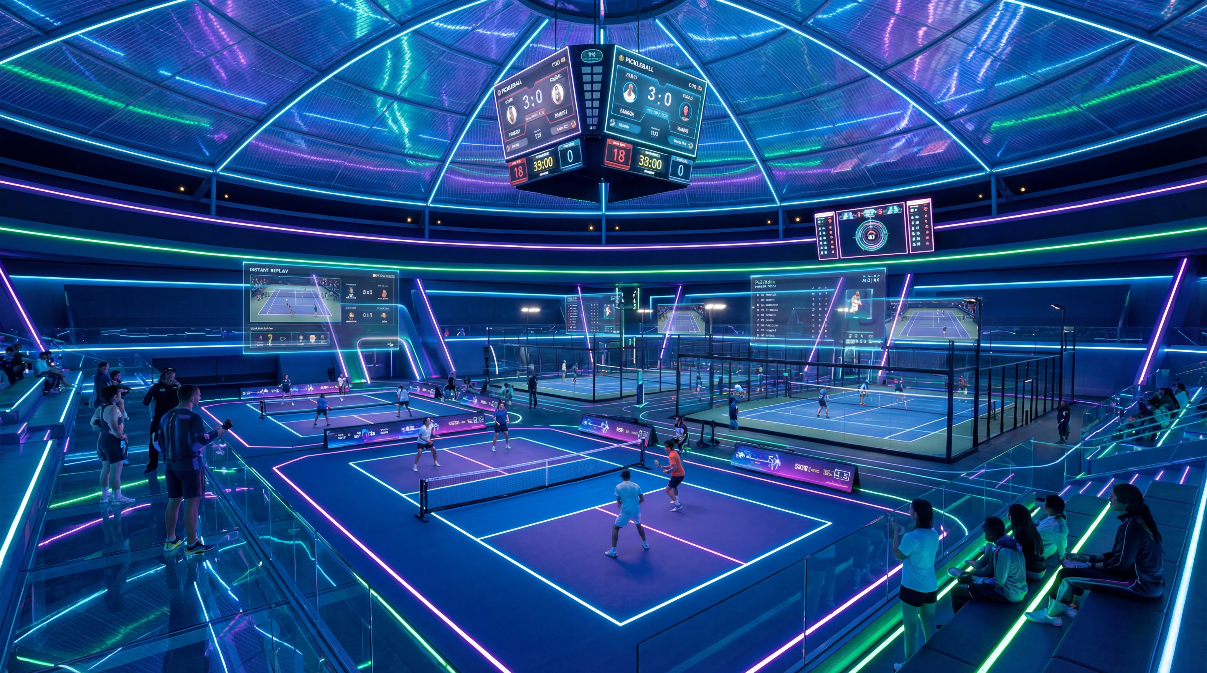 A futuristic, neon-lit indoor sports arena where pickleball and padel courts coexist under a single roof.