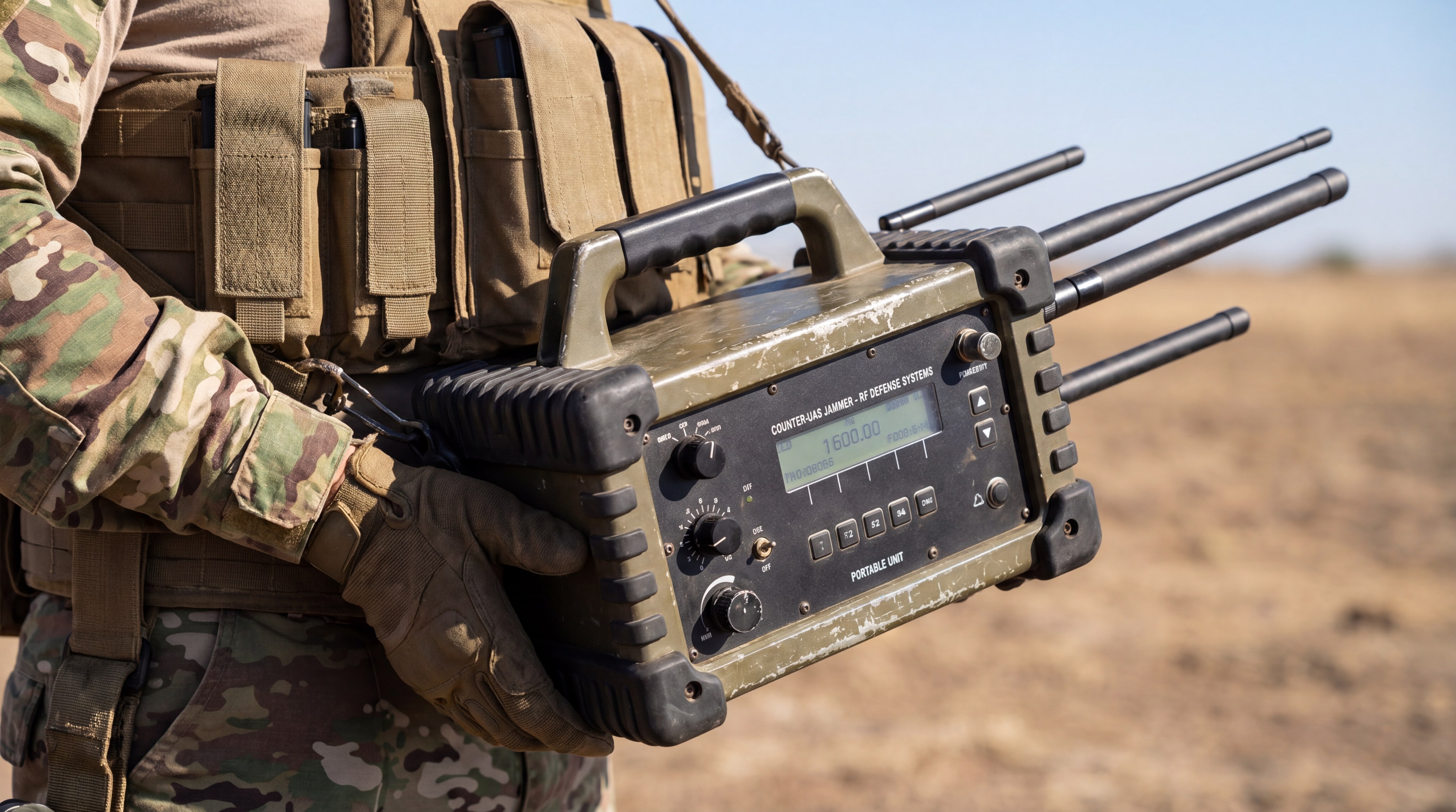 A rugged, man-portable Counter-UAS signal jammer being held by security personnel in an open field environment.