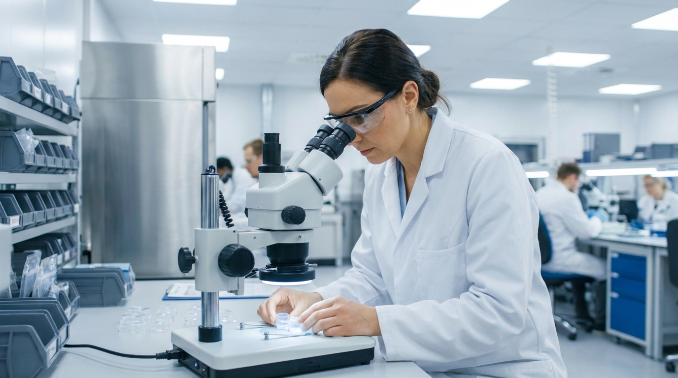 engineer inspecting silicone parts under a microscope