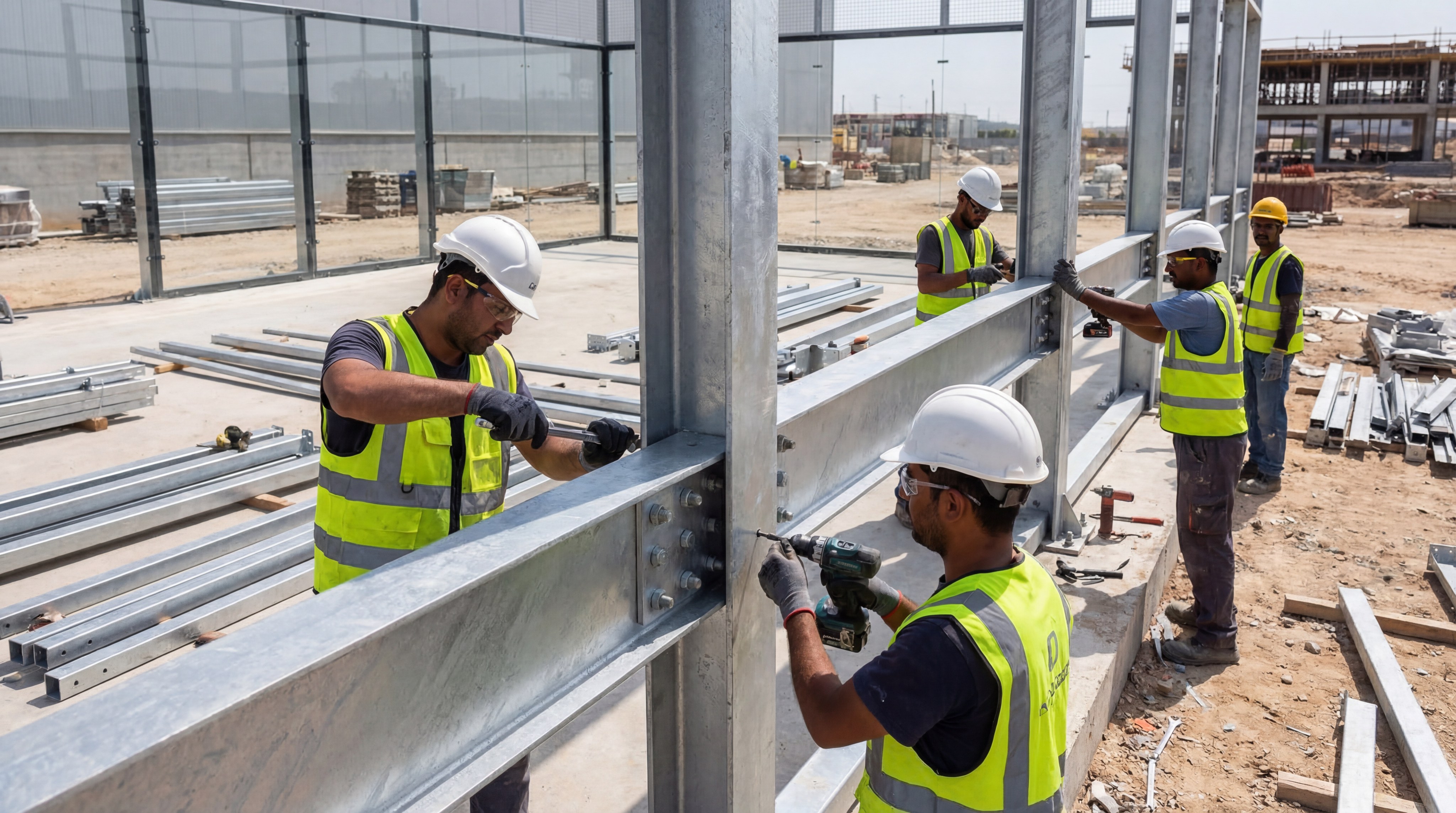 A modern, high-end padel court under construction showing galvanized steel frames