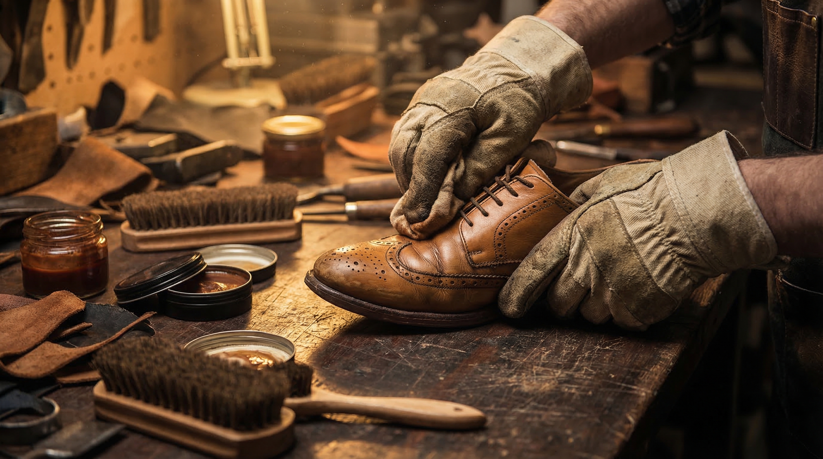 A close-up of a cobbler applying leather conditioner and stretching agent to a tan brogue shoe