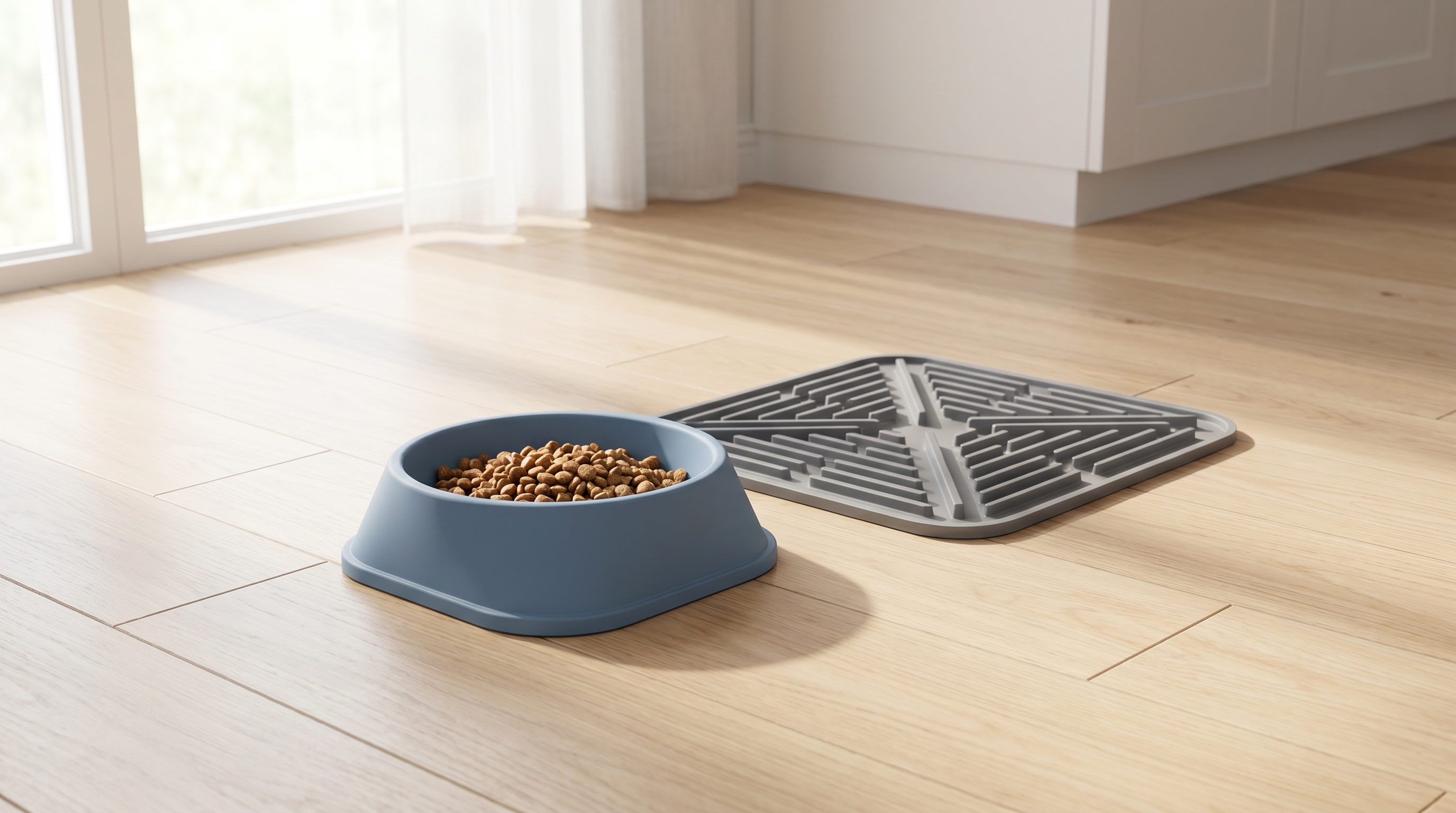 Modern pet feeding bowl and slow feeder mat set