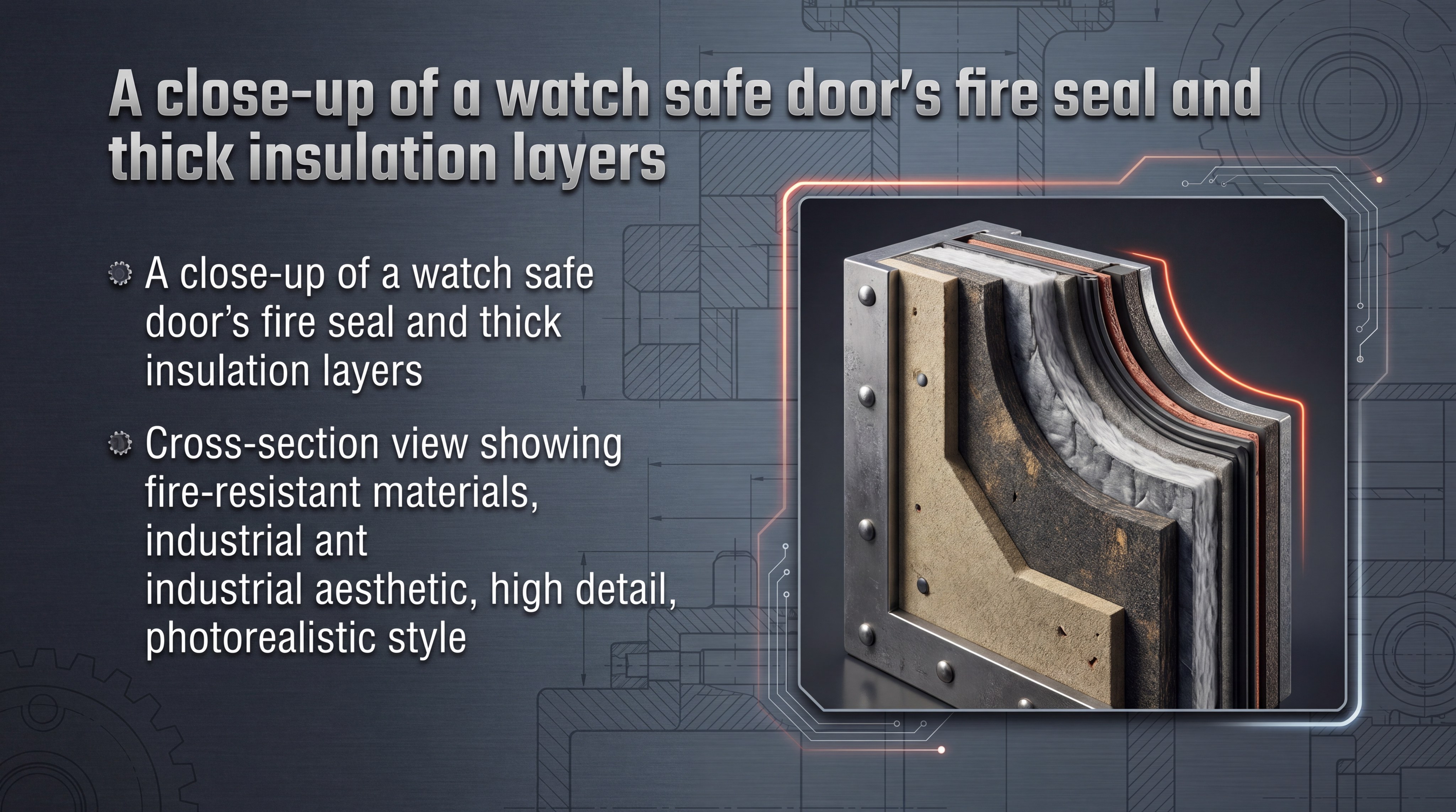 A close-up of a watch safe door's fire seal and thick insulation layers, fire-resistant material visible, industrial aesthetic, high detail