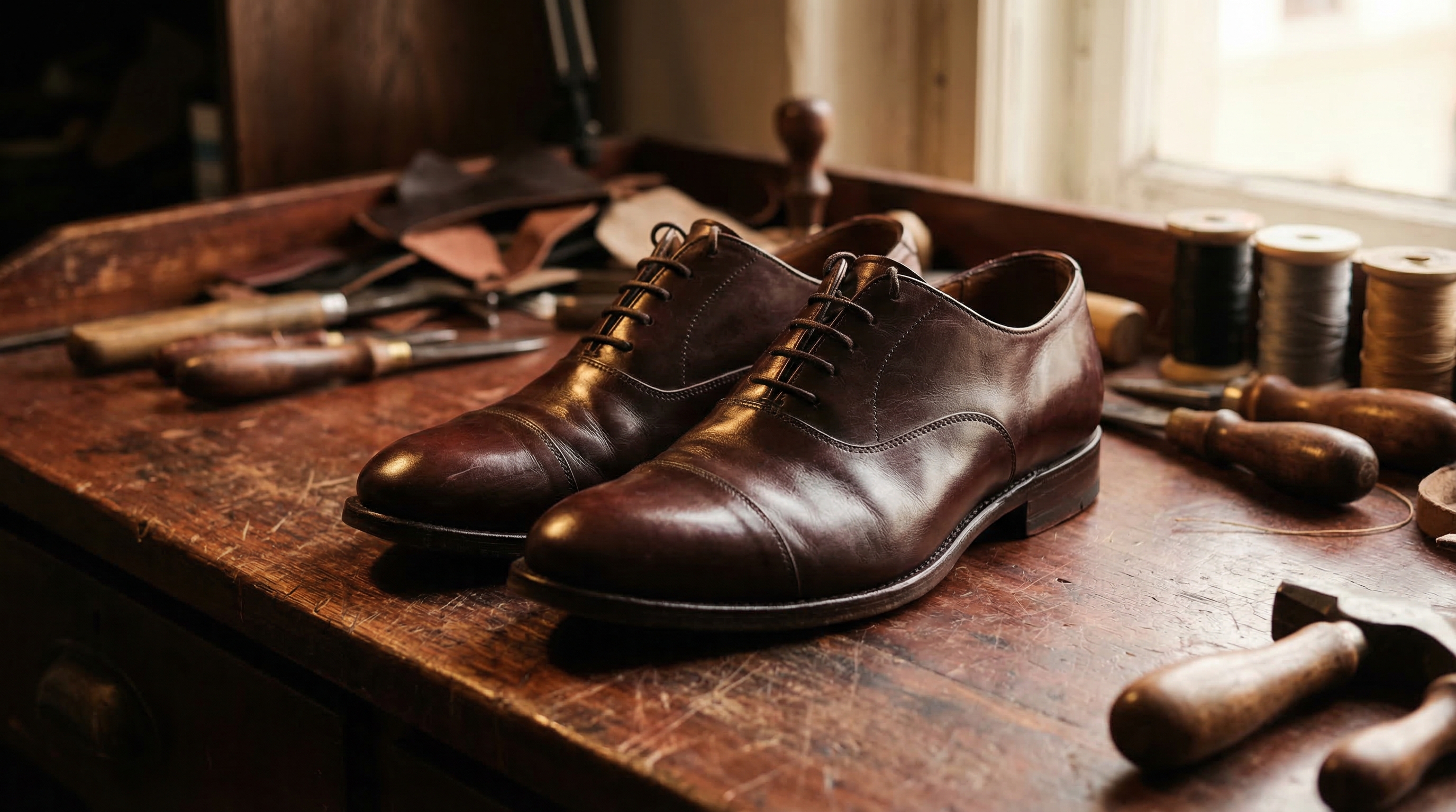 A pair of handcrafted dark mahogany Oxford shoes resting on a mahogany workbench in a professional cobbler workshop