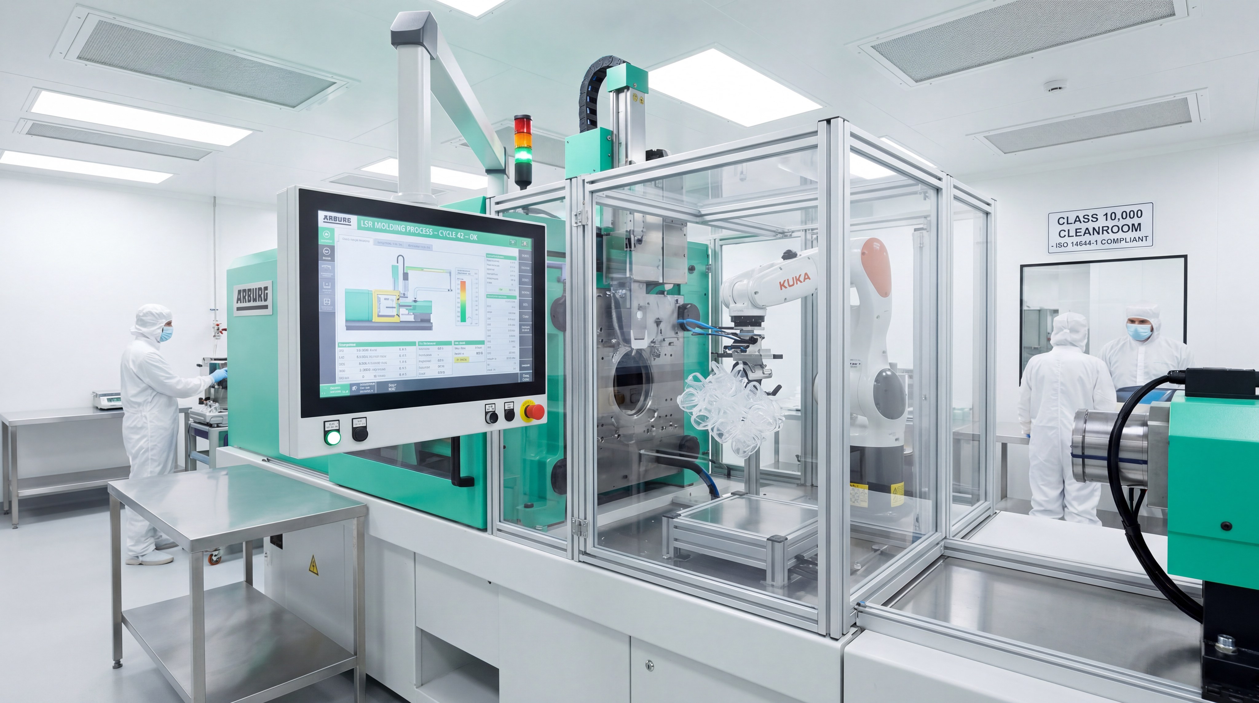 A high-tech LSR injection molding machine in operation within a pristine ISO-certified cleanroom.