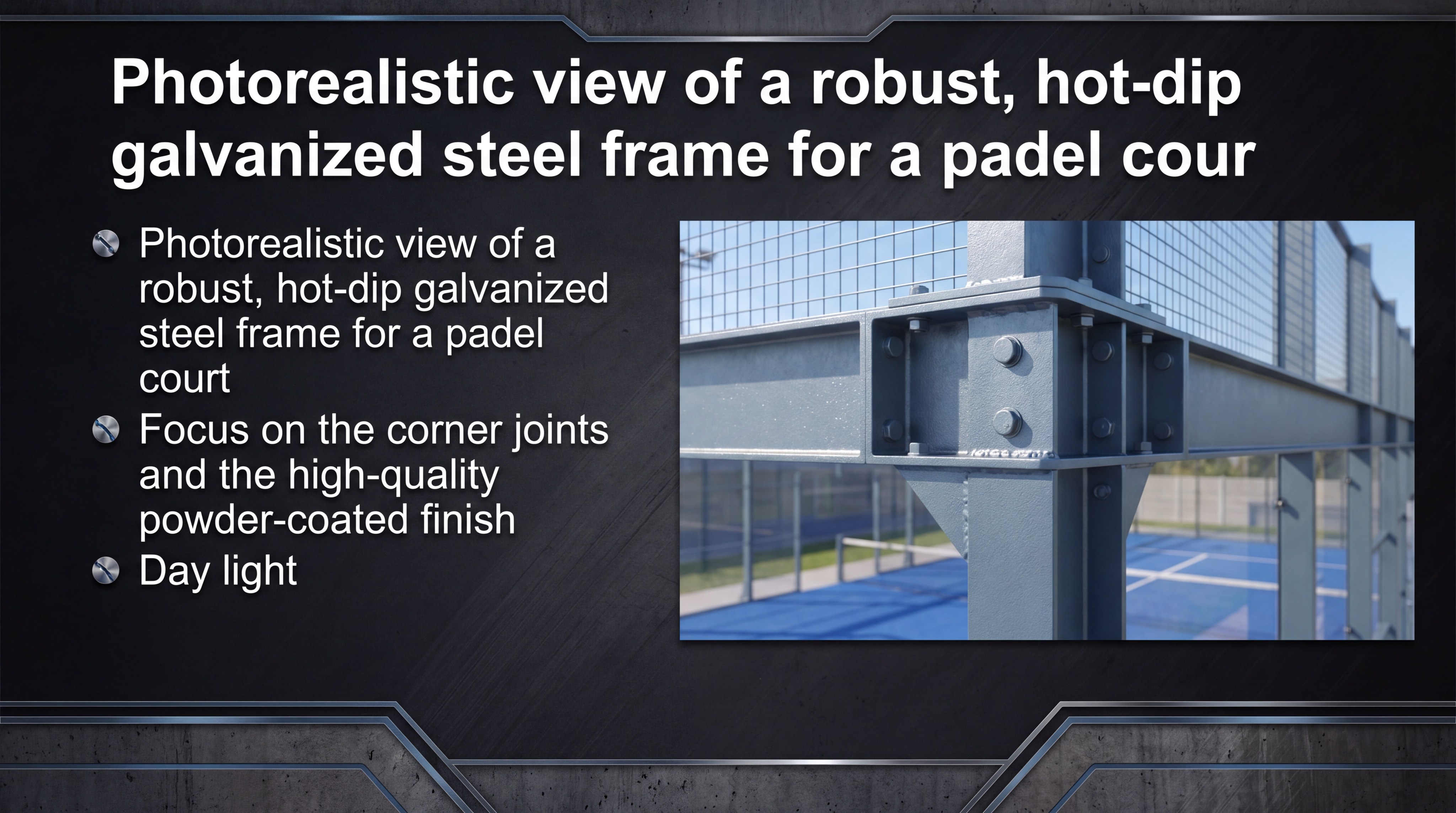 Photorealistic view of a robust, hot-dip galvanized steel frame for a padel court