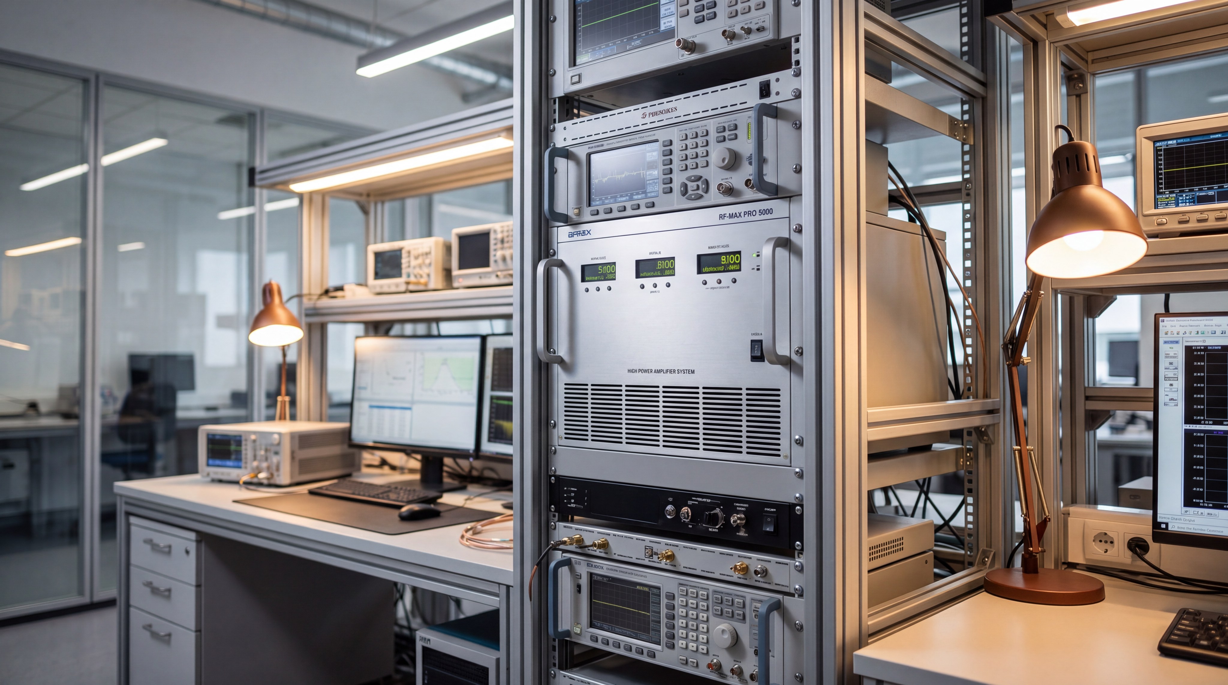Professional rack-mount RF Power Amplifier system in a modern laboratory setting