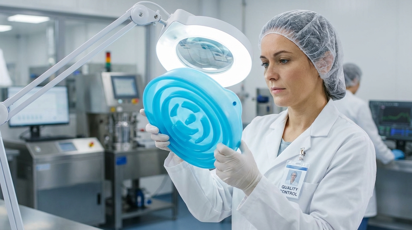 Quality control specialist in a clean lab environment inspecting a blue silicone slow feeder bowl under a magnifying lamp